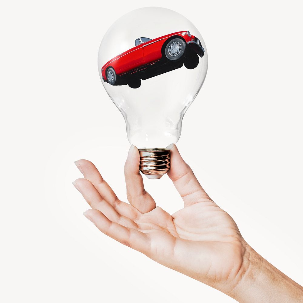 Classic car, hand holding light bulb, vintage vehicle concept art