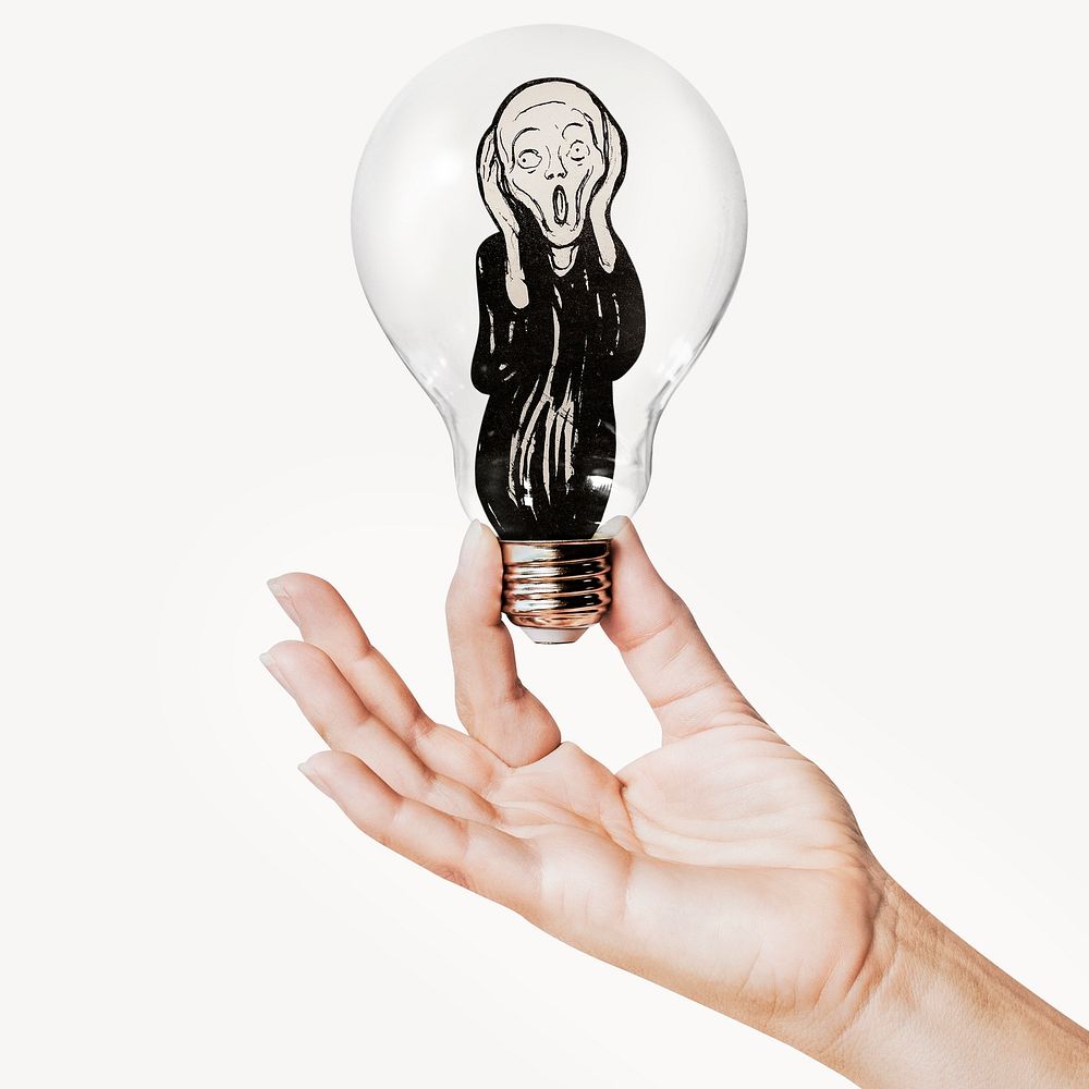 The Scream, Edvard Munch's famous artwork concept art with hand holding light bulb, remixed by rawpixel.