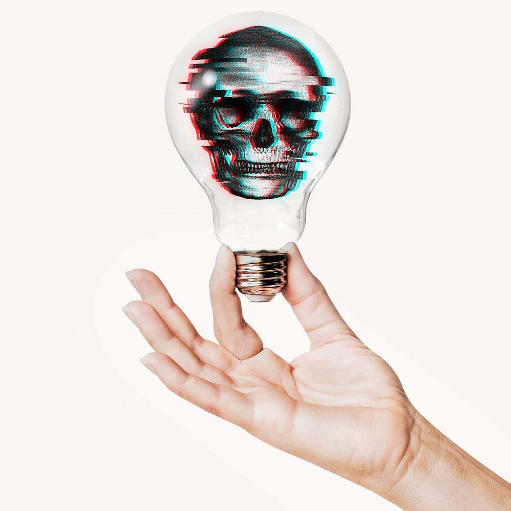 Glitching skull, human error concept art with hand holding light bulb