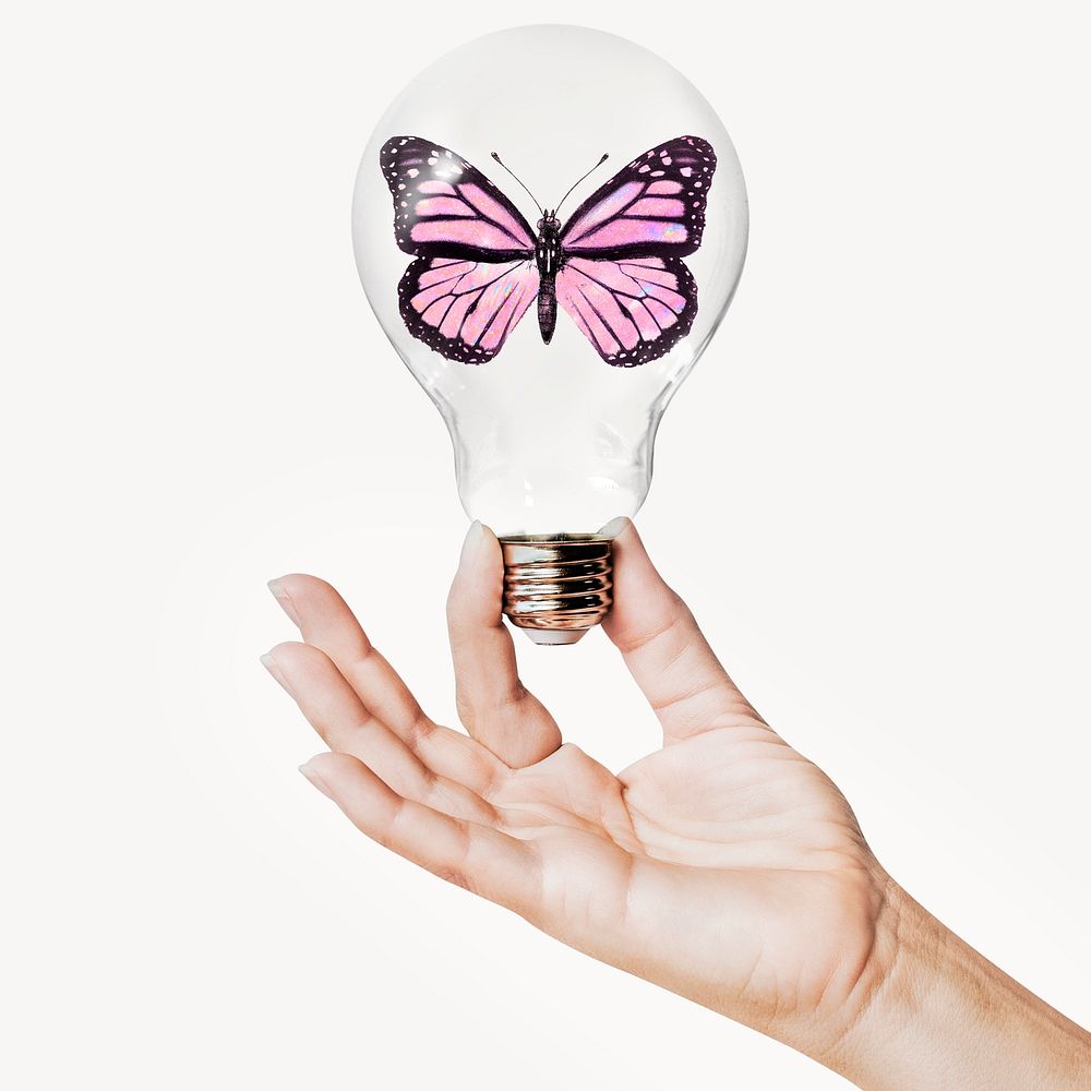 Aesthetic butterfly, environment concept art with hand holding light bulb