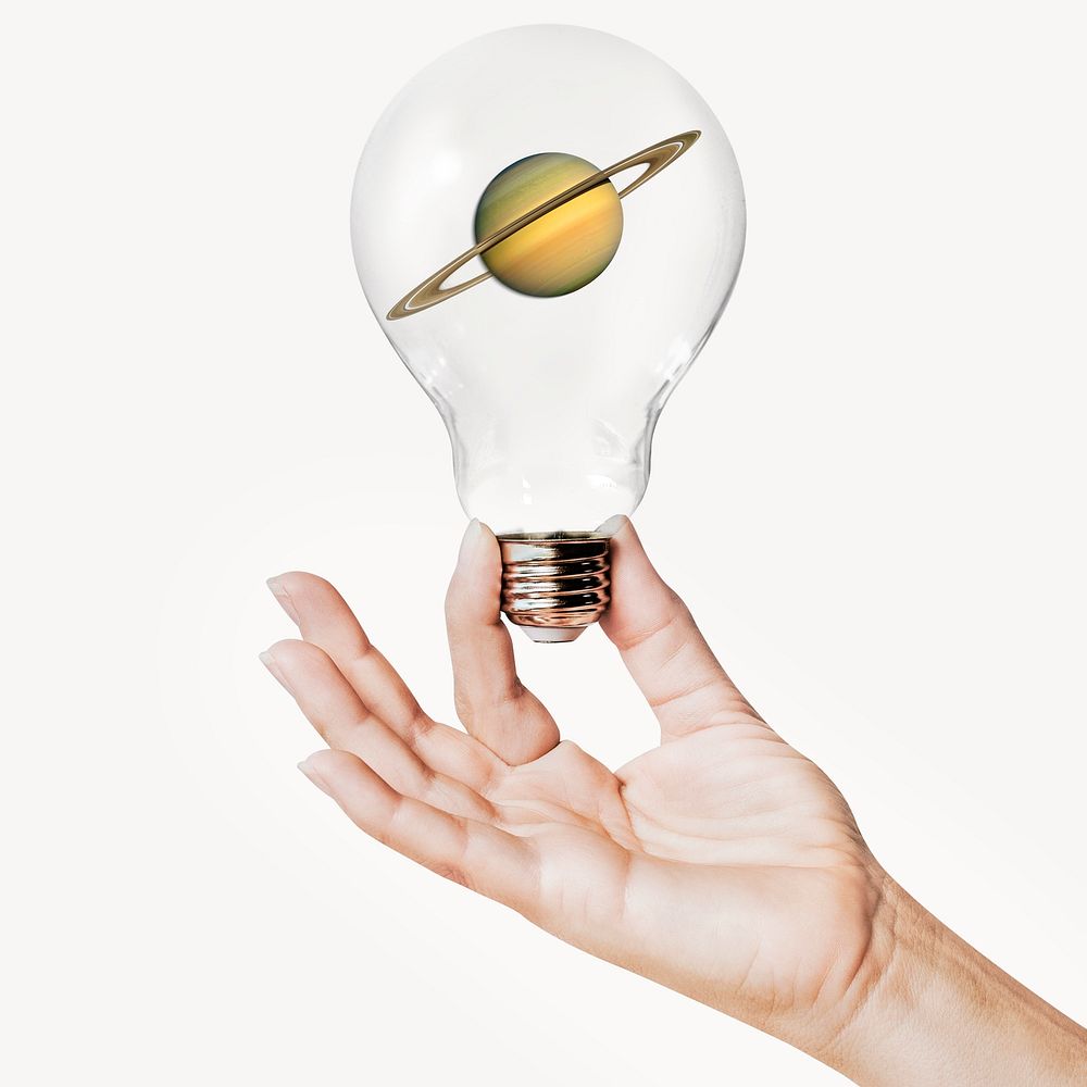 Saturn planet, hand holding light bulb, space concept art