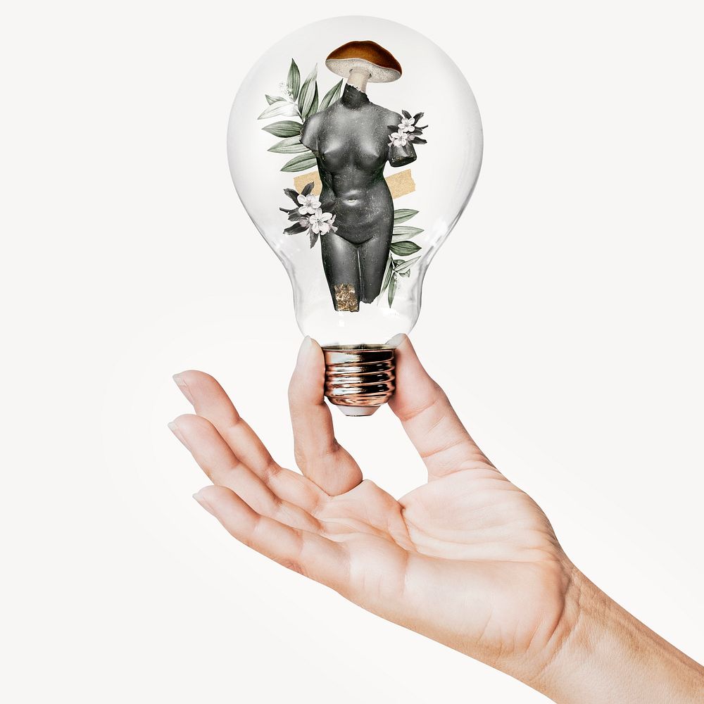 Floral nude woman sculpture, aesthetic concept art with hand holding light bulb