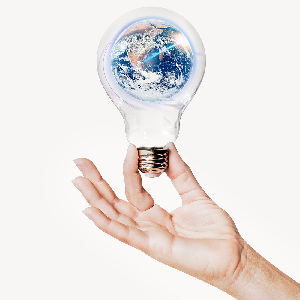 Planet Earth, environment concept art with hand holding light bulb