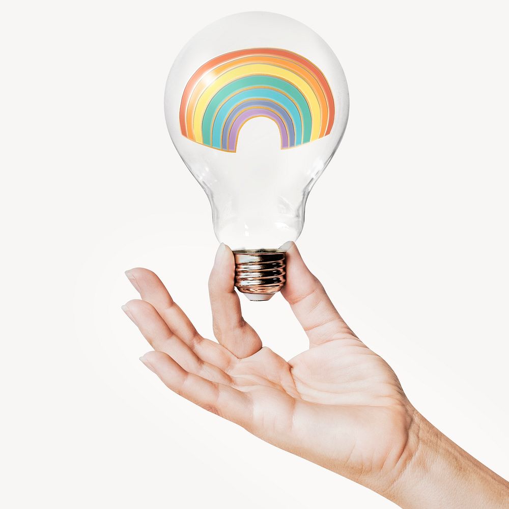 Rainbow doodle, weather concept art with hand holding light bulb