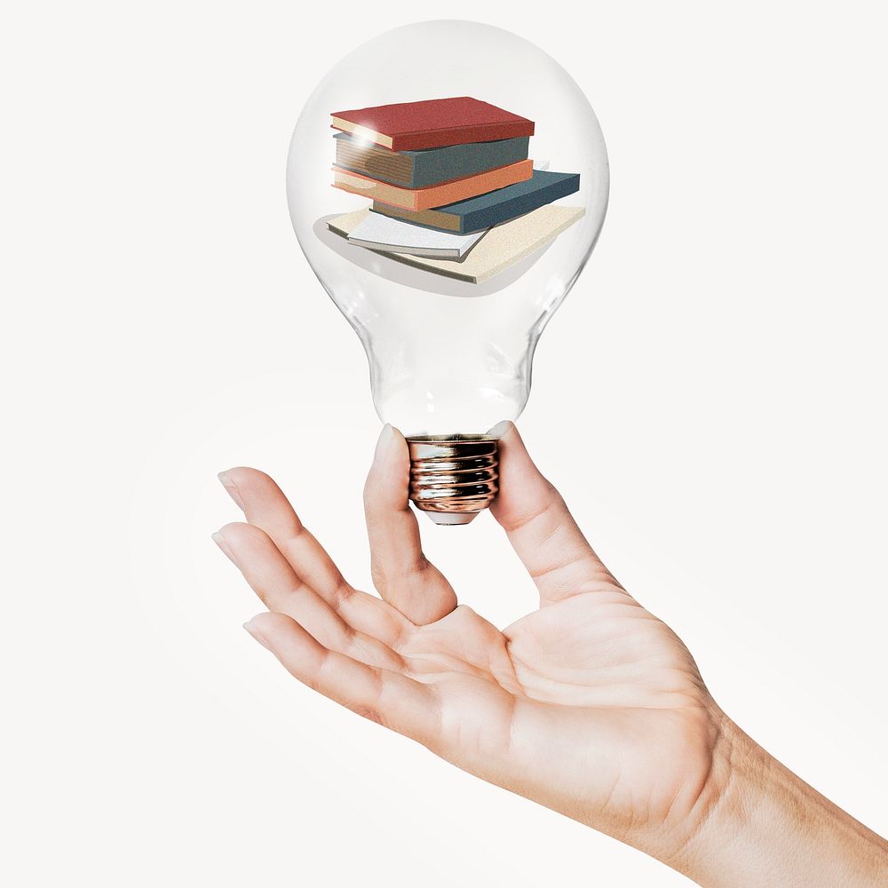 Stacked books, hand holding light bulb, education concept art