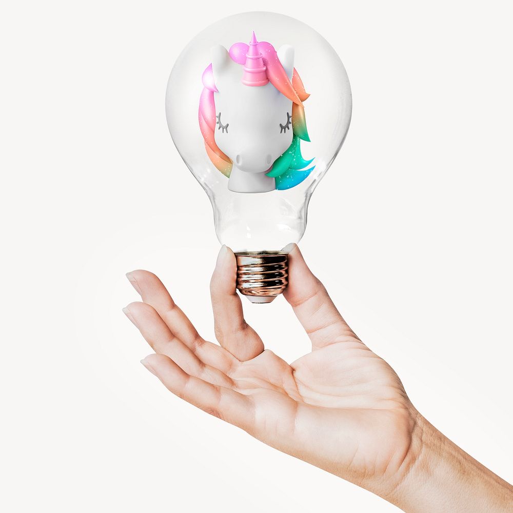 3D unicorn head, startup business concept art with hand holding light bulb