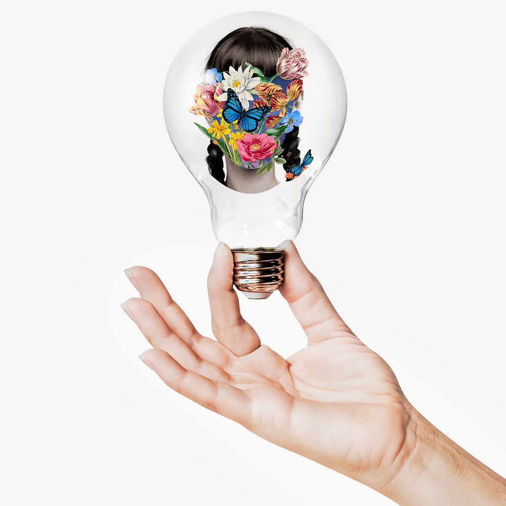 Woman floral portrait, surreal collage, aesthetic concept art with hand holding light bulb