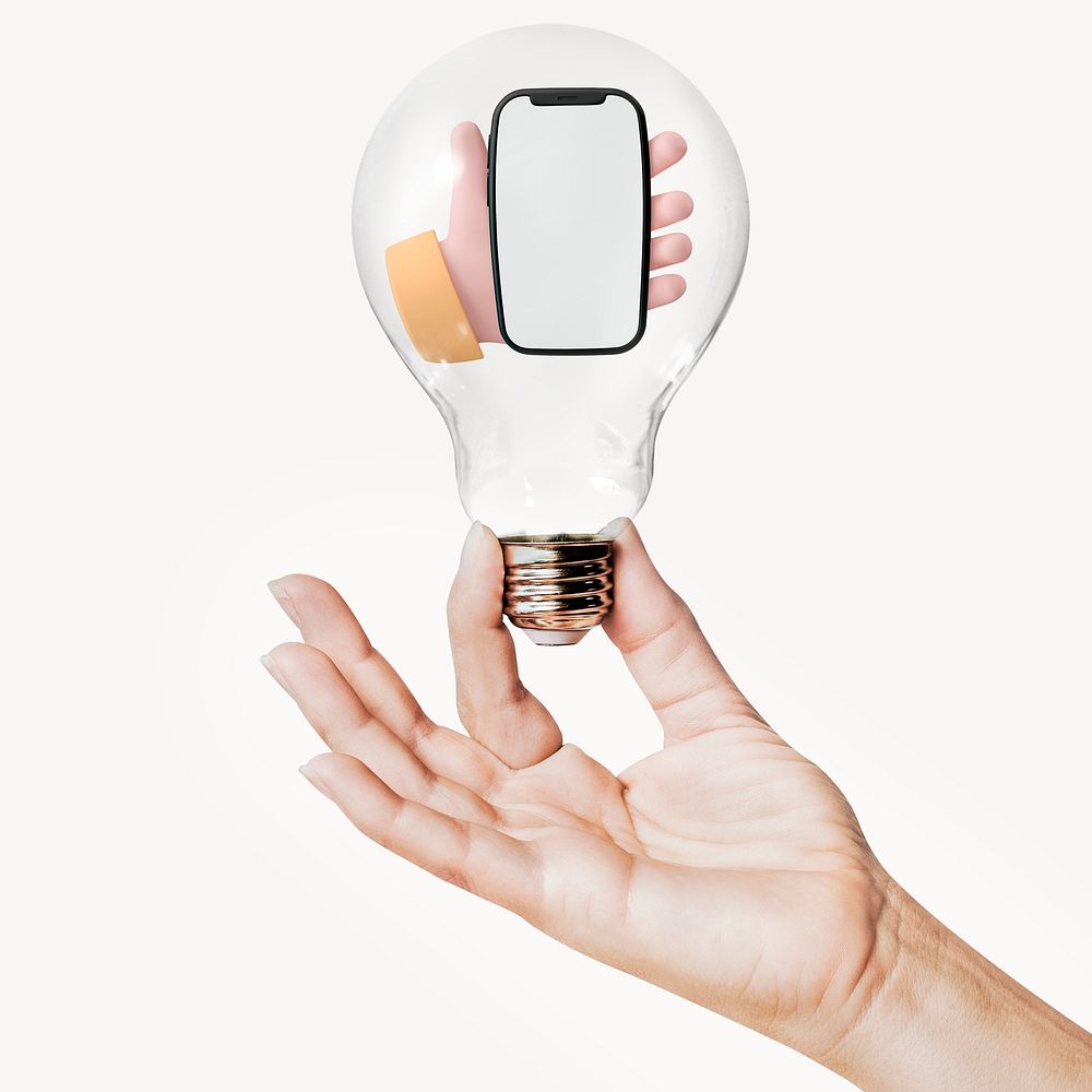 3D hand holding phone, social media concept art in light bulb