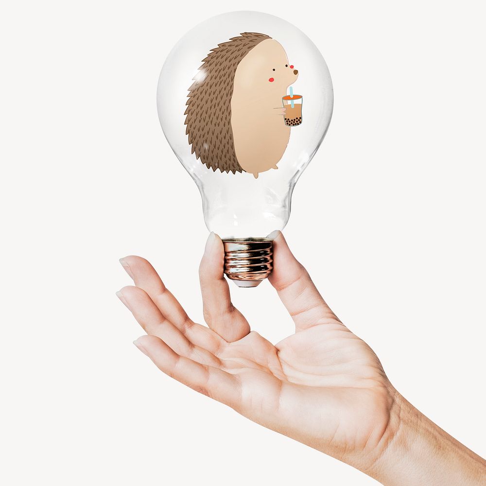 Hedgehog drinking bubble tea, animal concept art with hand holding light bulb