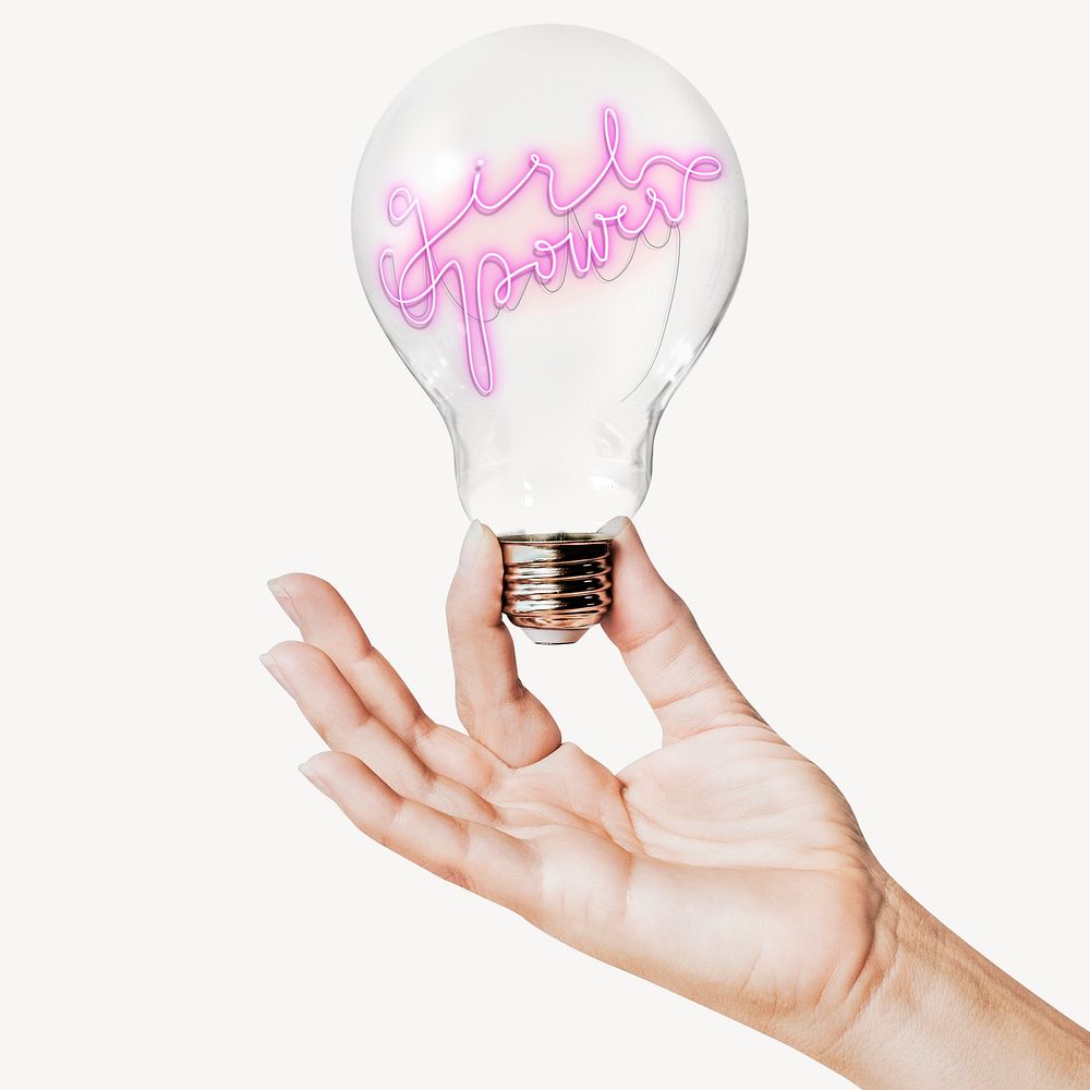 Girl power typography, feminism neon concept art with hand holding light bulb