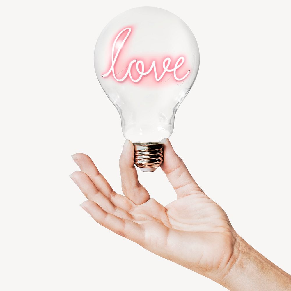Love neon typography, Valentine's concept art with hand holding light bulb