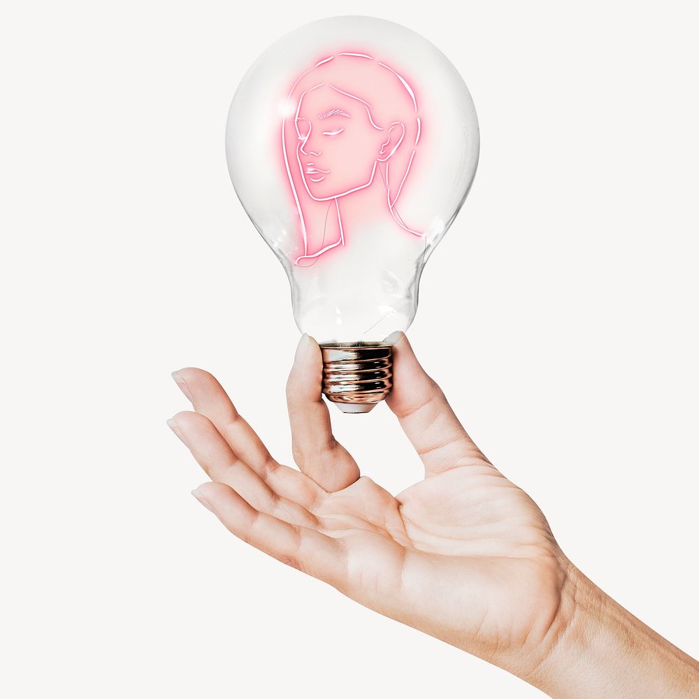 Neon woman portrait, women empowerment concept art with hand holding light bulb