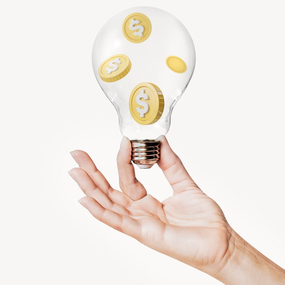 3D falling coins, finance, money concept art with hand holding light bulb