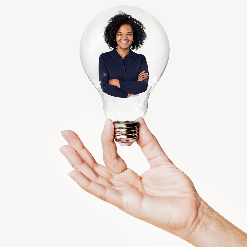 African American businesswoman, women in business concept art with hand holding light bulb