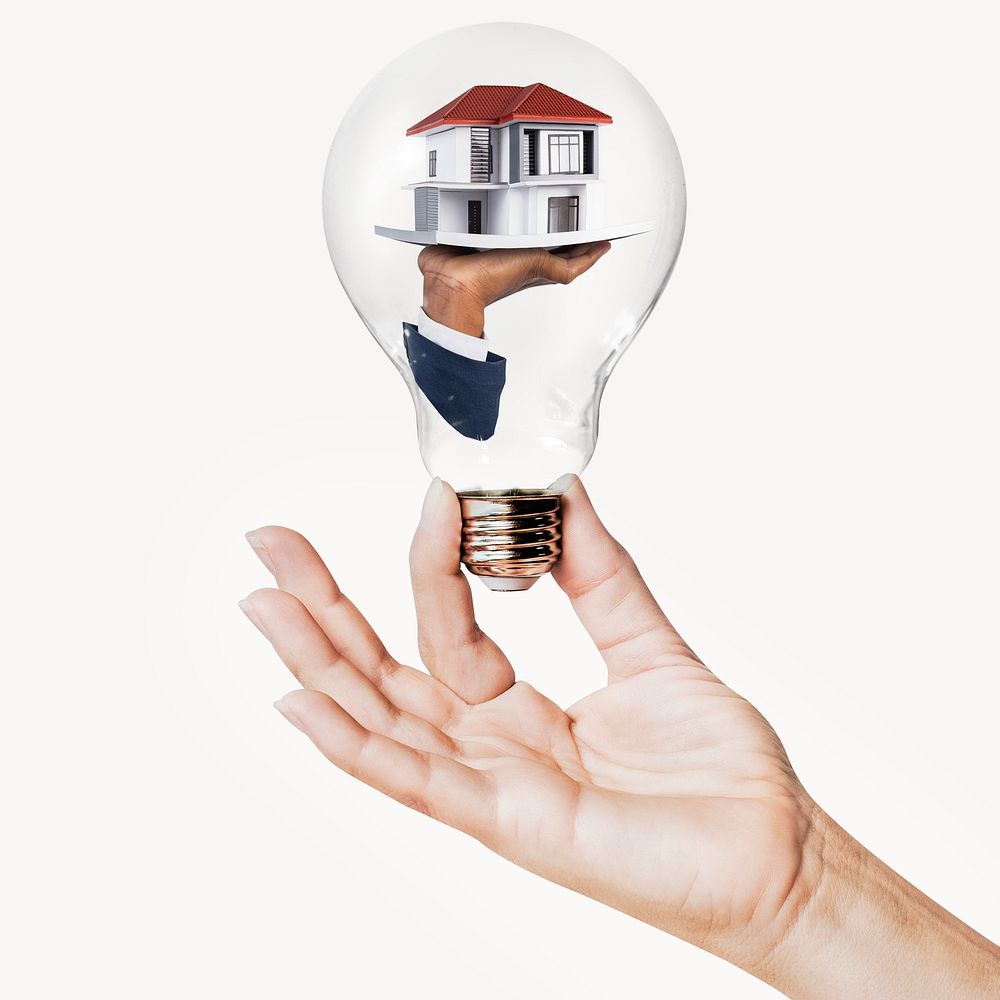 House model, real estate, mortgage concept art with hand holding light bulb