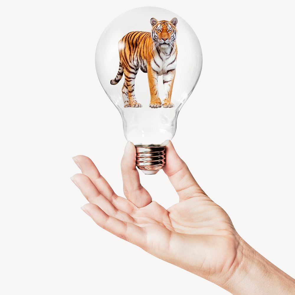 Tiger, wild animal concept art with hand holding light bulb