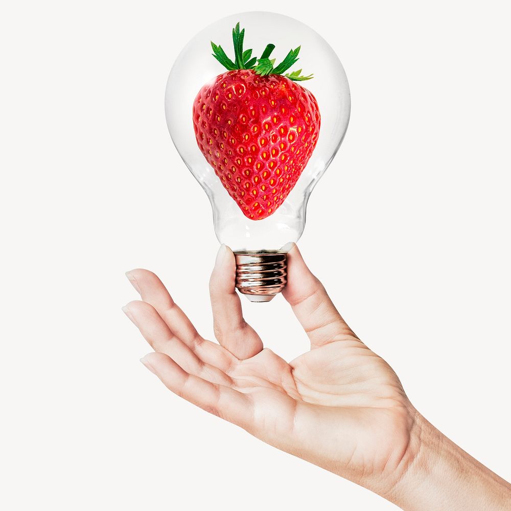 Strawberry fruit, health, wellness, diet concept art with hand holding light bulb