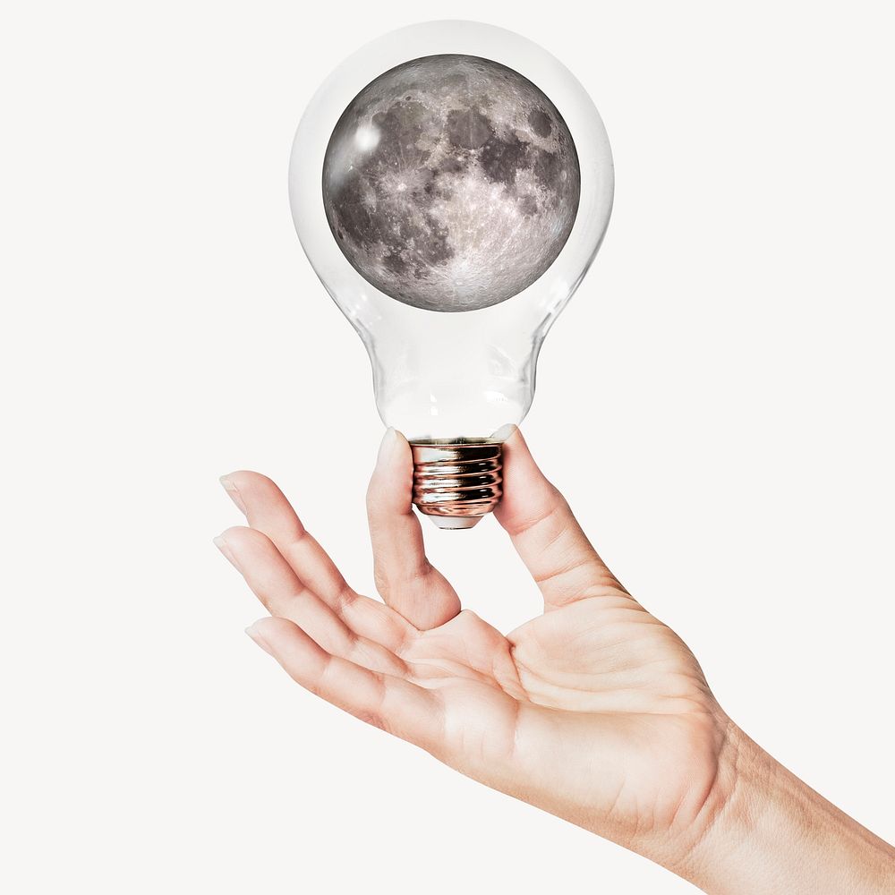 Full moon, hand holding light bulb, space concept art