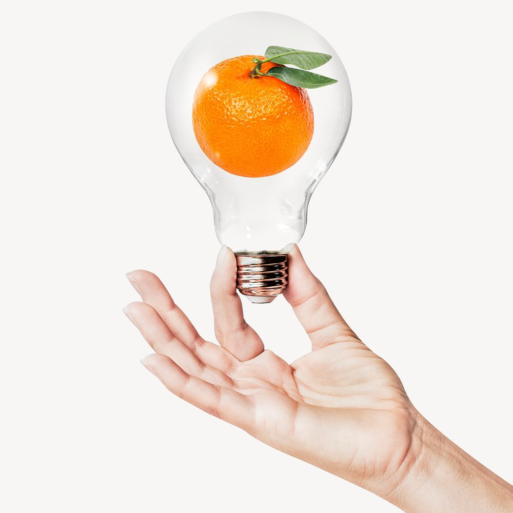 Orange fruit, health, wellness, diet concept art with hand holding light bulb