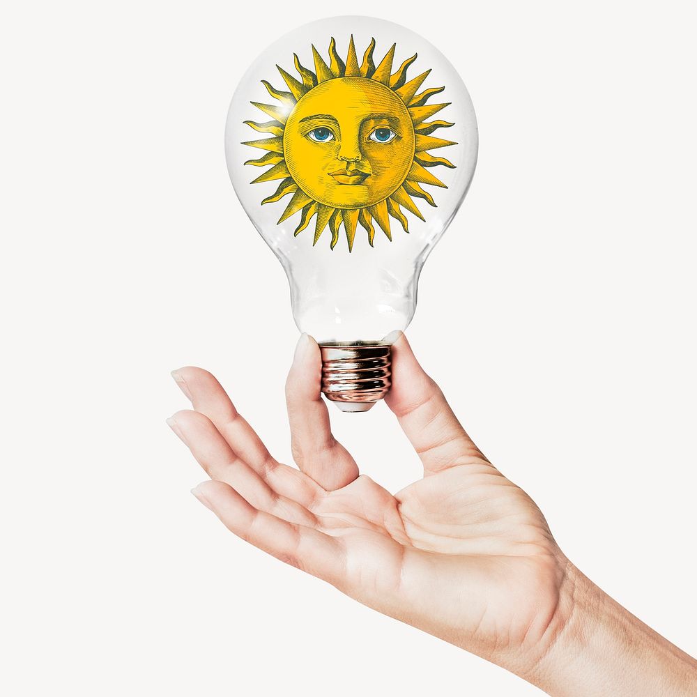 Celestial sun, whimsical, spirituality concept art with hand holding light bulb