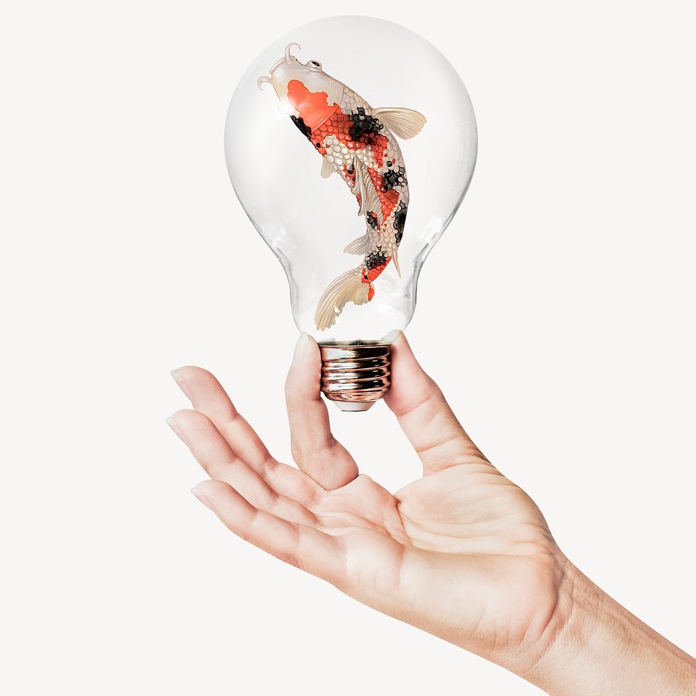 Japanese Koi fish, animal concept art with hand holding light bulb