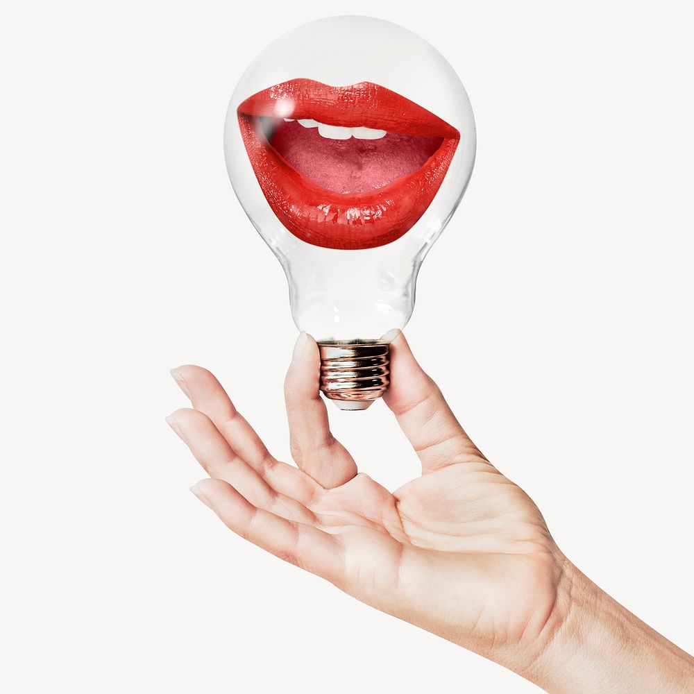 Woman's red lips, gossip concept art with hand holding light bulb