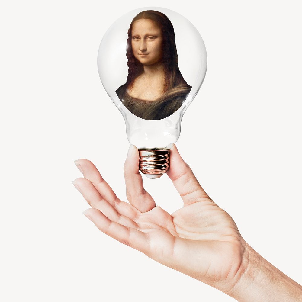 Mona Lisa portrait, Leonardo da Vinci's famous painting with hand holding light bulb, remixed by rawpixel.