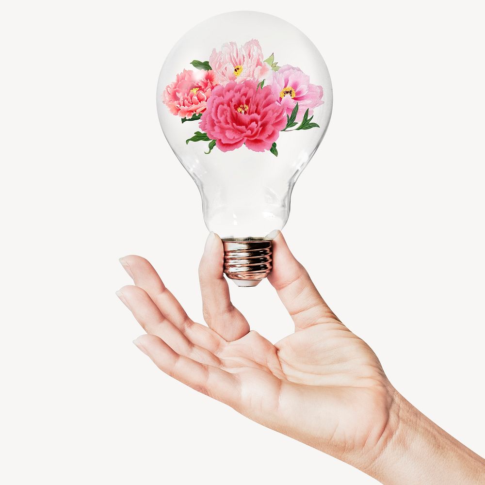 Peony flowers, Spring concept art with hand holding light bulb