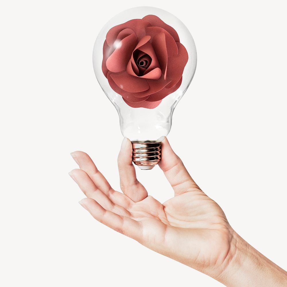 Paper rose flower, Valentine's concept art with hand holding light bulb