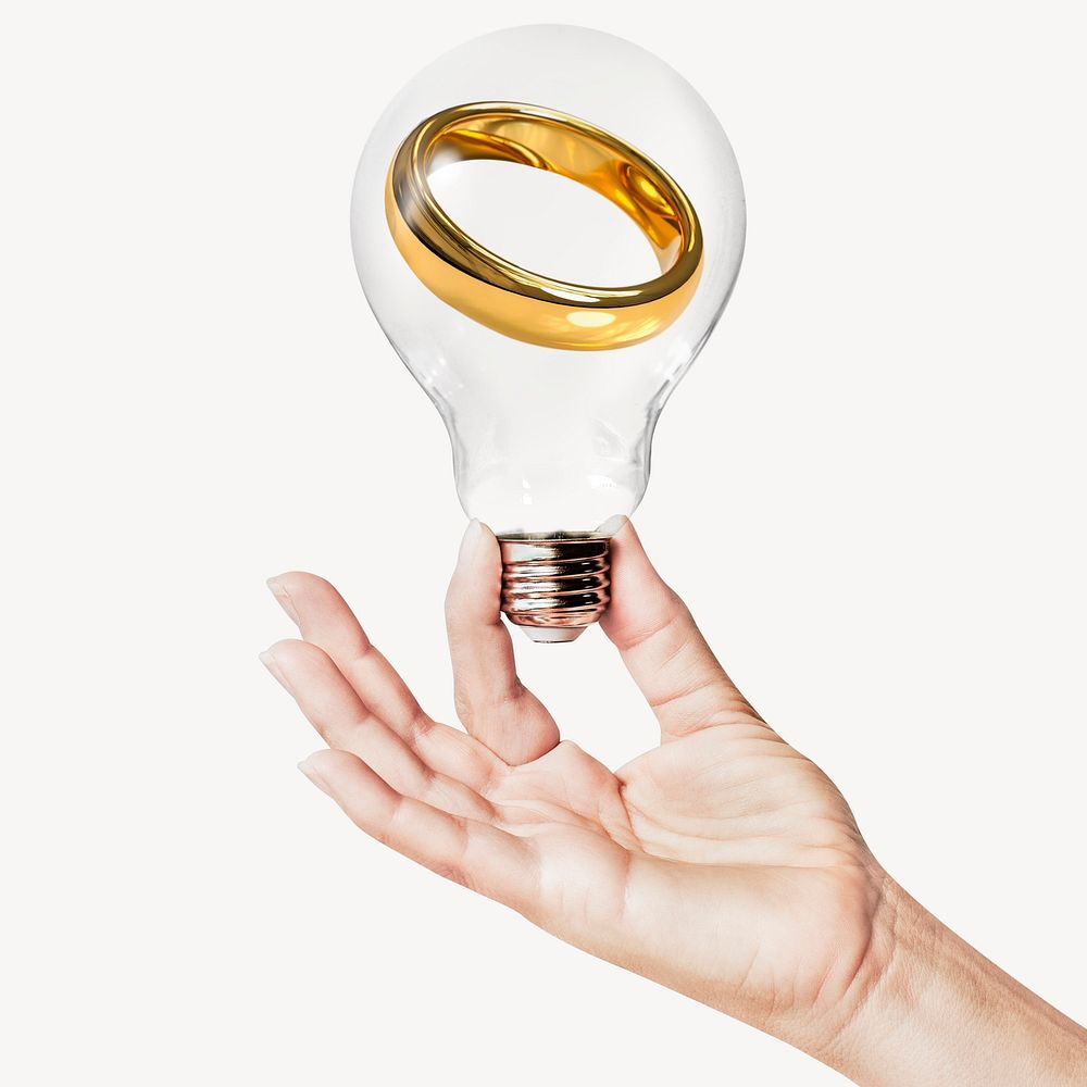 Gold wedding ring, marriage concept art with hand holding light bulb