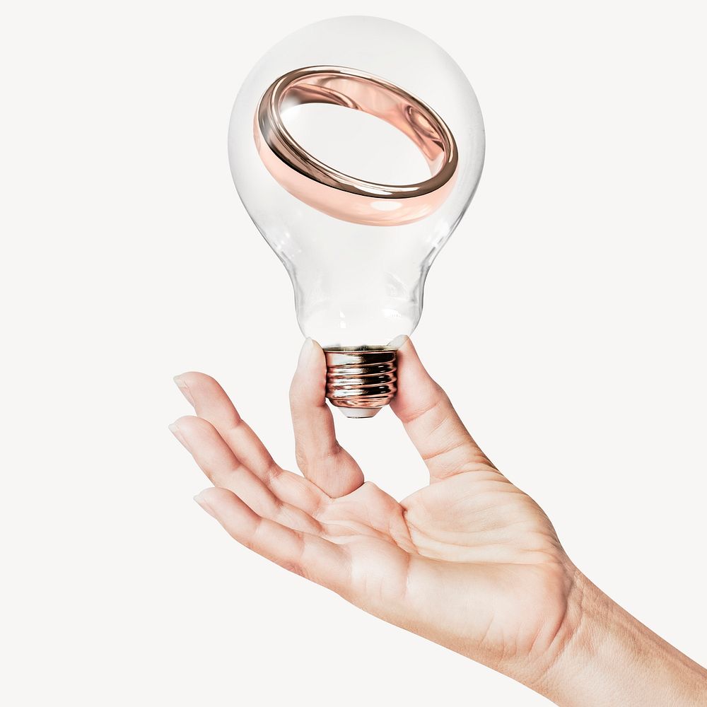 Rose gold wedding ring, marriage concept art with hand holding light bulb