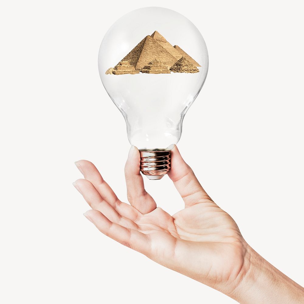 Egyptian pyramid, ancient travel landmark concept art with hand holding light bulb