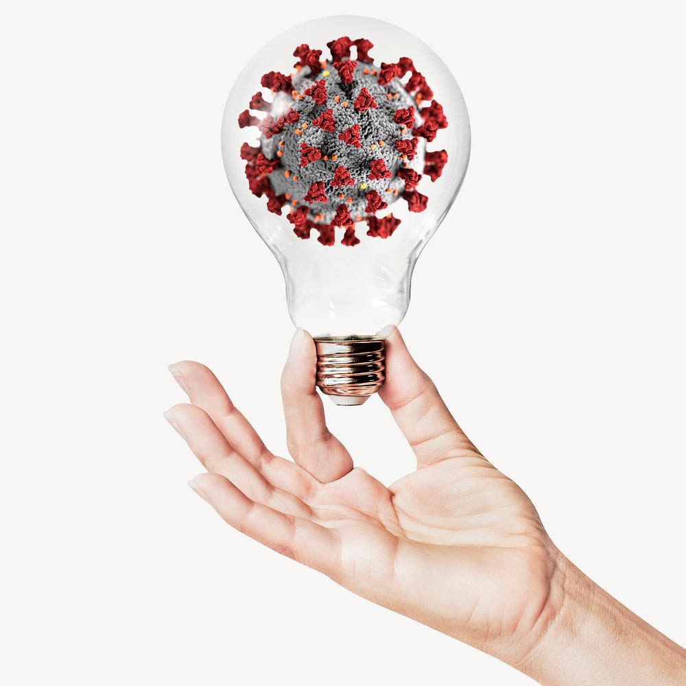 COVID-19 ultrastructure, health, wellness concept art with hand holding light bulb