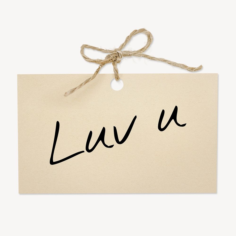 Luv u word, brown paper with string ribbon collage element psd