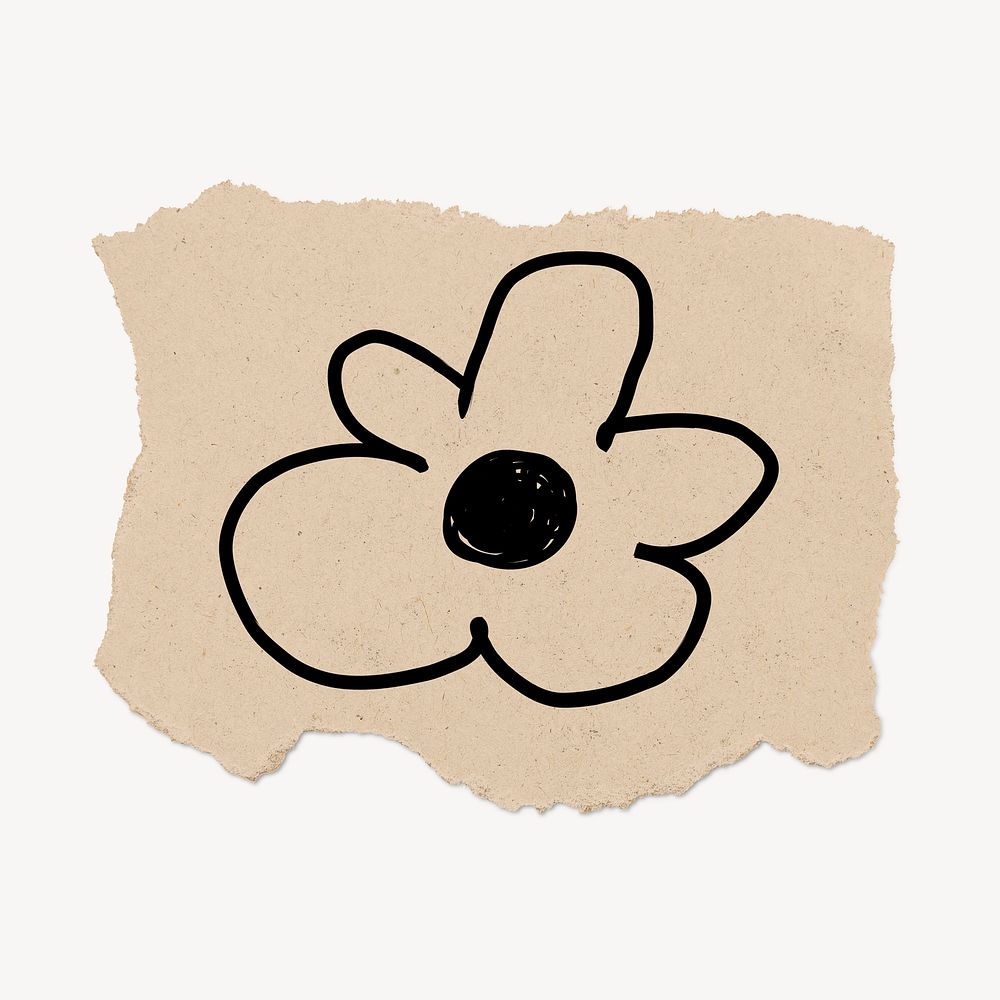 Cute flower doodle, ripped paper illustration, beige design