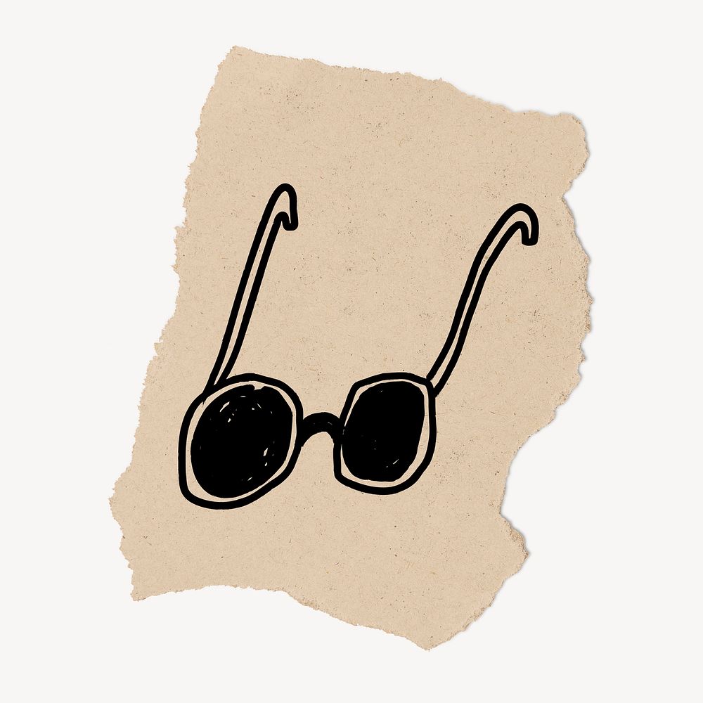 Cute sunglasses doodle illustration, ripped paper, beige design