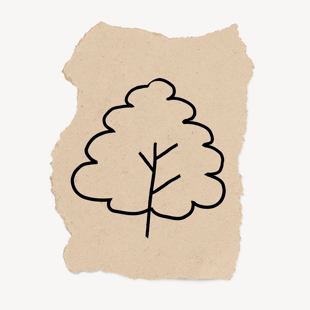 Cute tree doodle, torn paper, illustration psd
