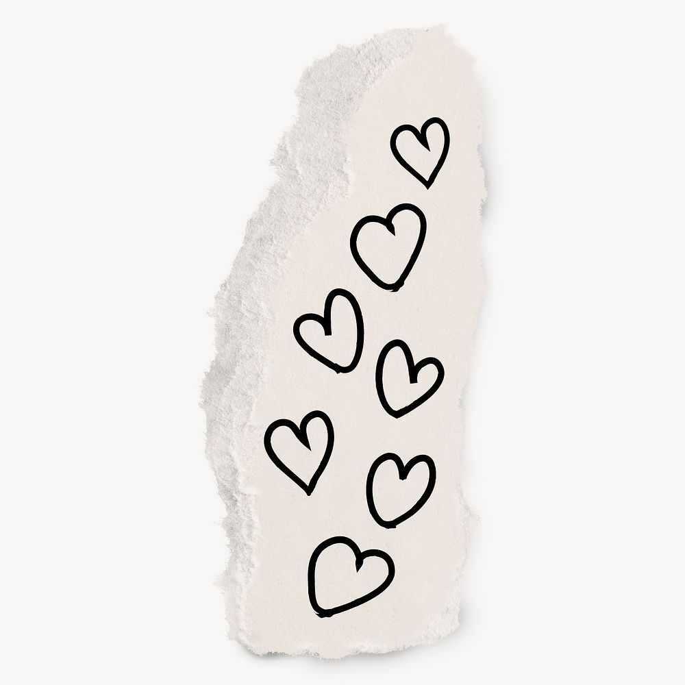 Cute heart doodle, torn paper illustration, off white design psd