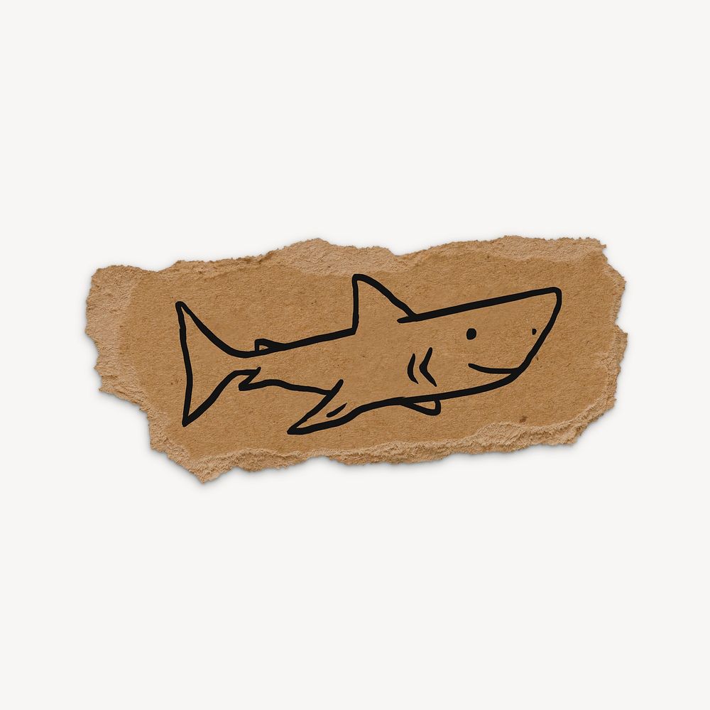 Cute shark doodle, ripped paper, illustration psd