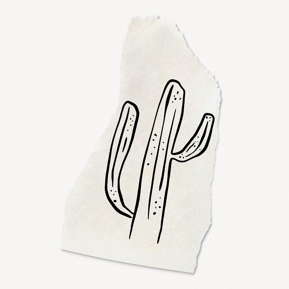 Cute cactus doodle, torn paper, illustration, off white design psd