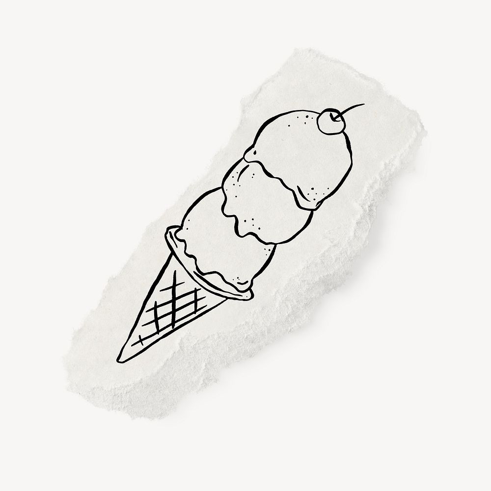 Ice cream doodle, cute illustration, ripped paper, off white design psd
