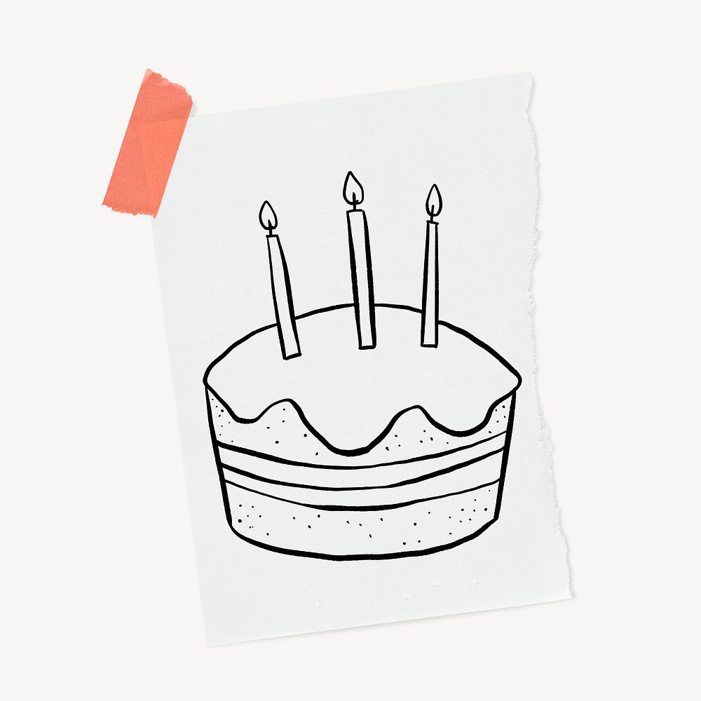 Birthday cake doodle, cute illustration, stationery paper psd