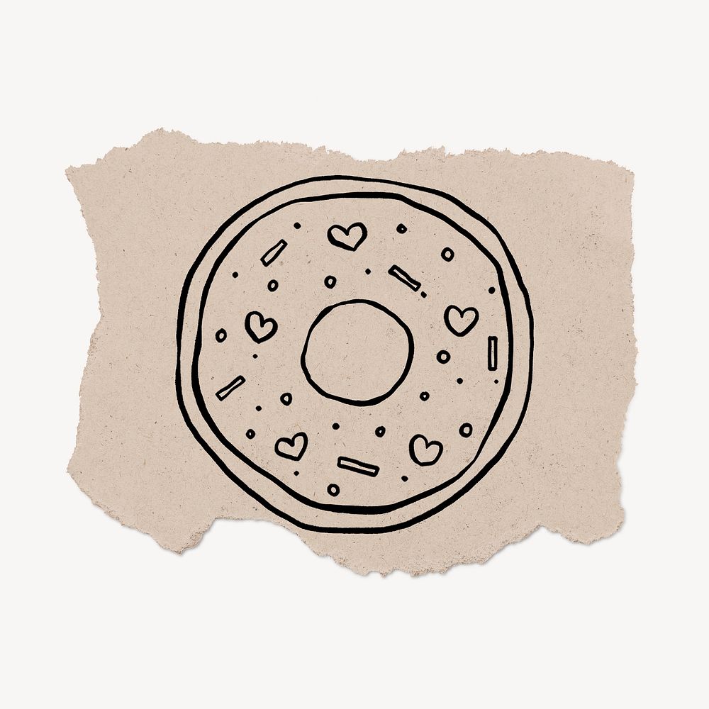 Donut doodle, cute illustration, ripped paper psd