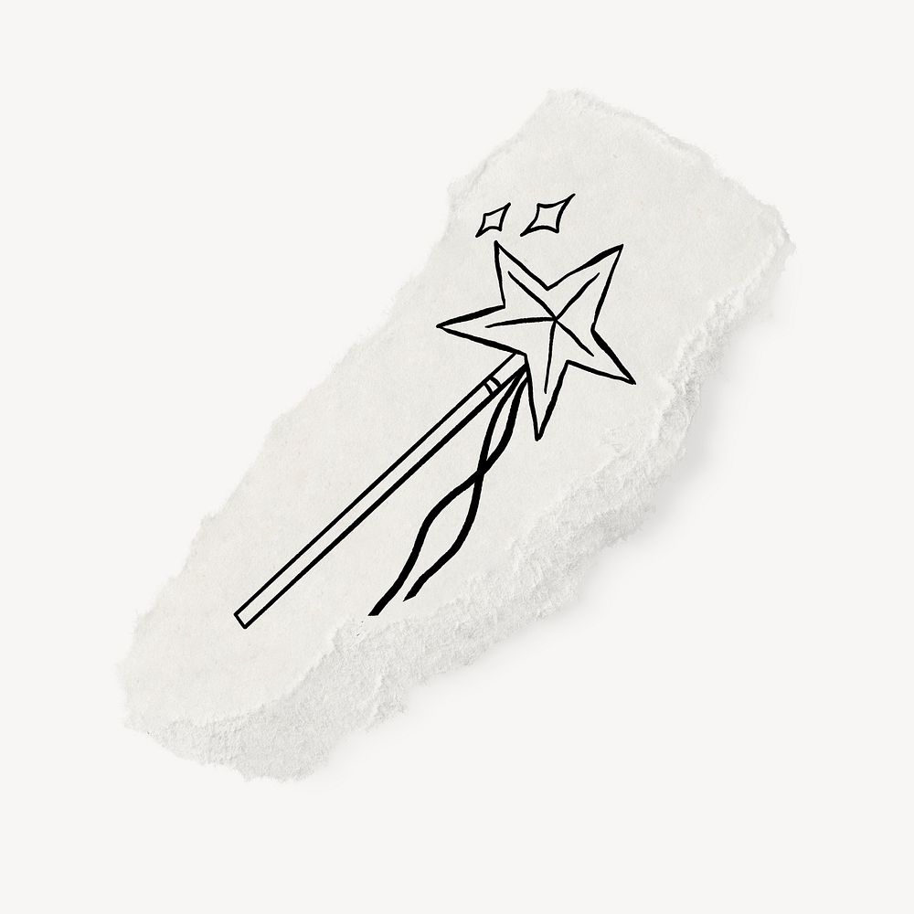 Magic wand png doodle, torn paper, illustration psd