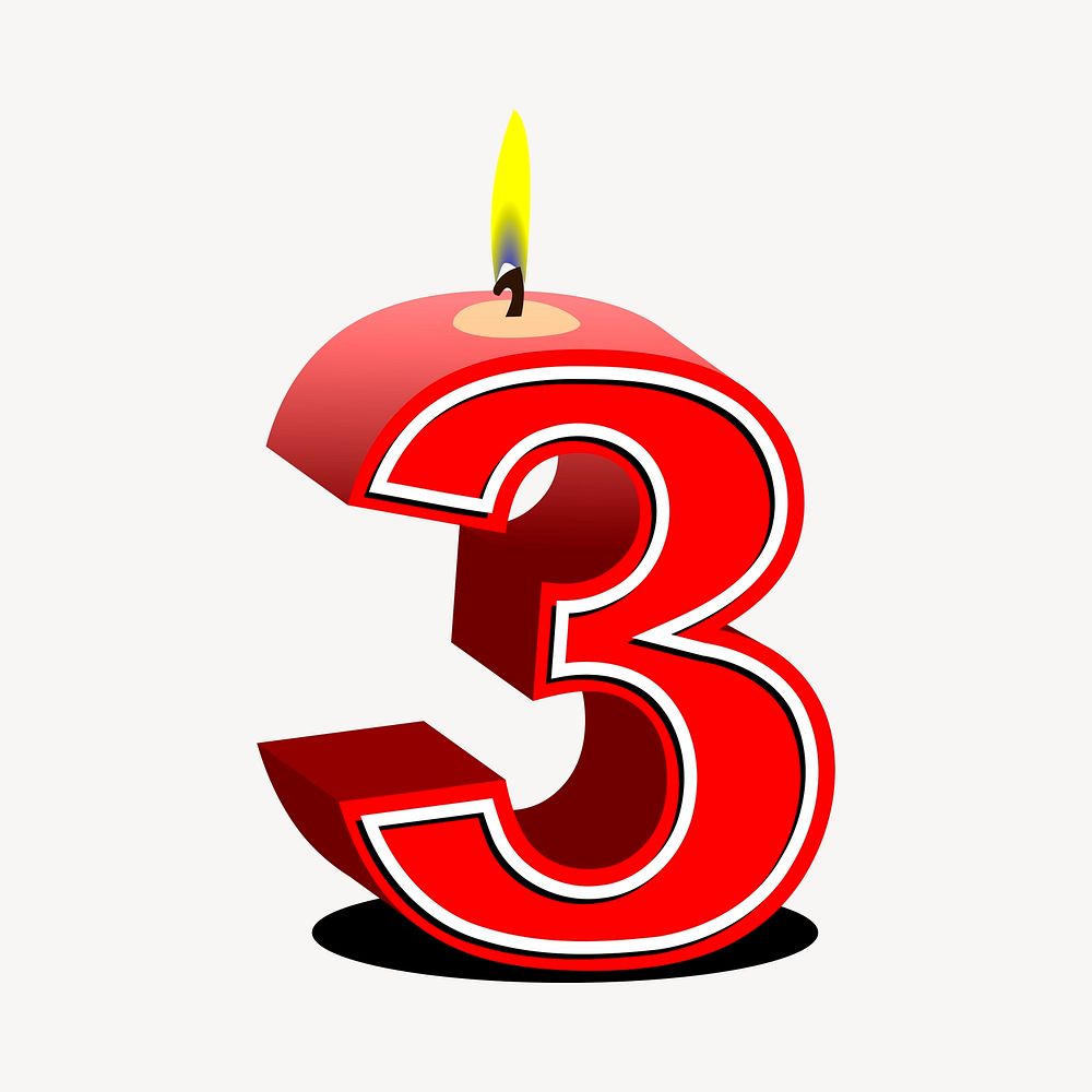 Number 3 birthday candle clipart, red 3D illustration vector. Free public domain CC0 image.
