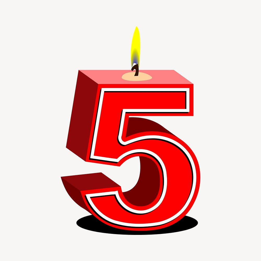 Number 5 birthday candle clipart, red 3D illustration vector. Free public domain CC0 image.