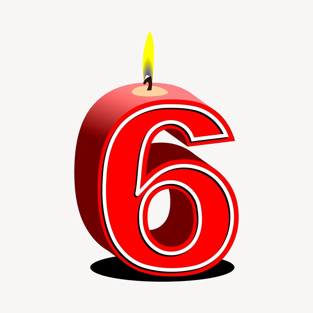 Number 6 birthday candle clipart, red 3D illustration vector. Free public domain CC0 image.