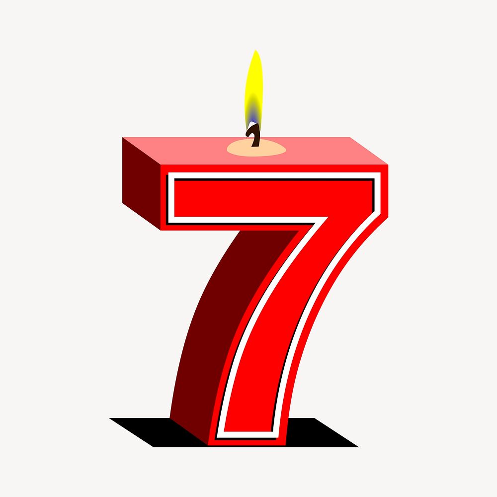 Number 7 birthday candle clipart, red 3D illustration vector. Free public domain CC0 image.