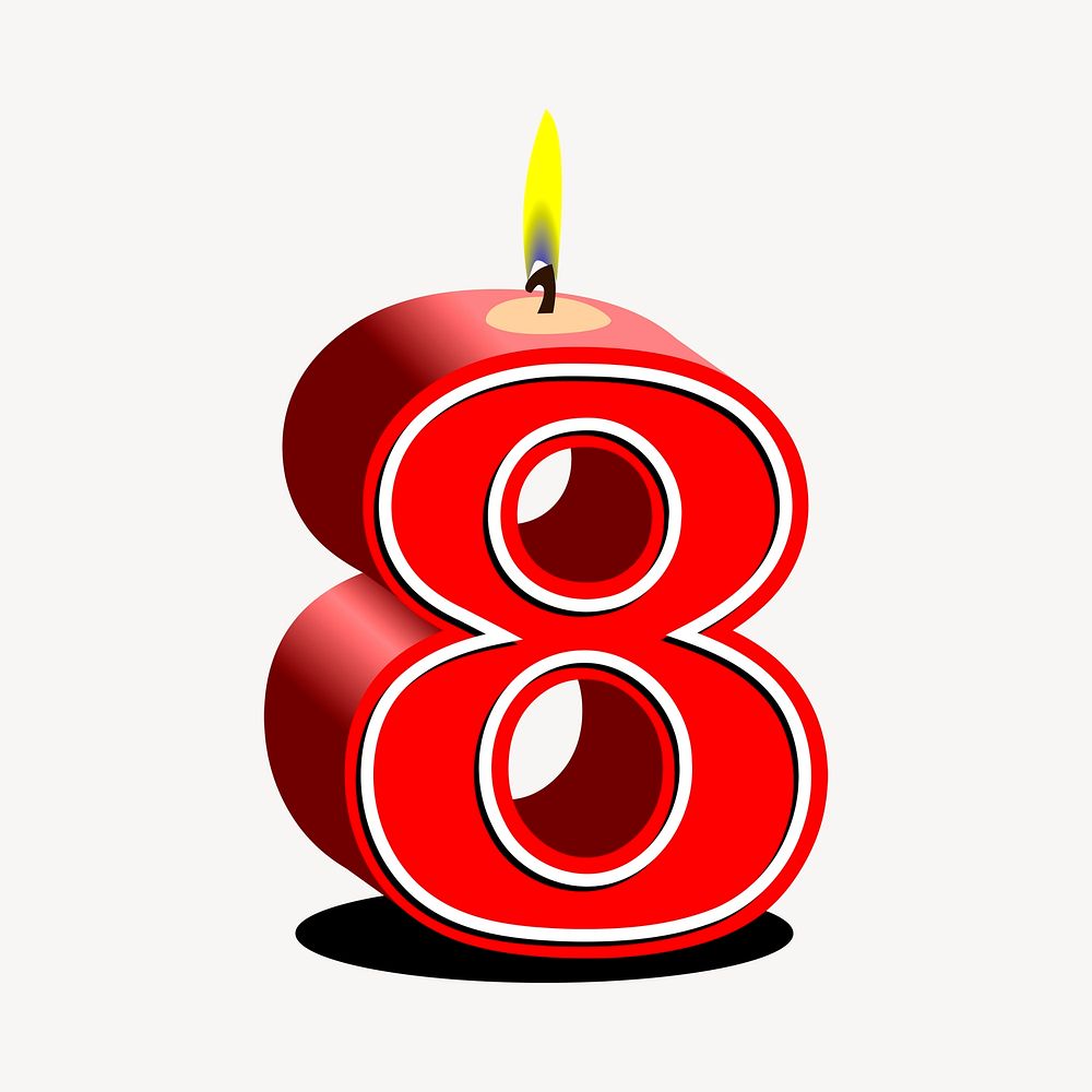 Number 8 birthday candle clipart, red 3D illustration vector. Free public domain CC0 image.