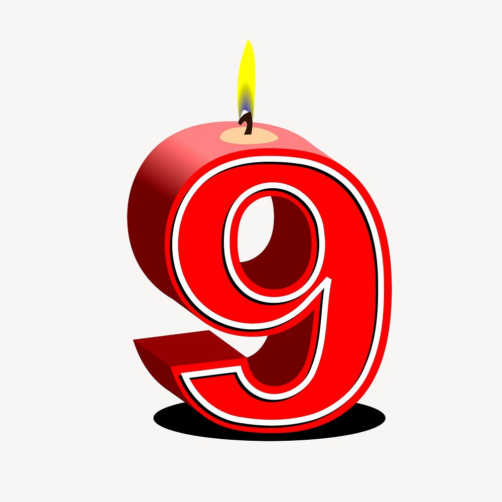 Number 9 birthday candle clipart, red 3D illustration. Free public domain CC0 image.